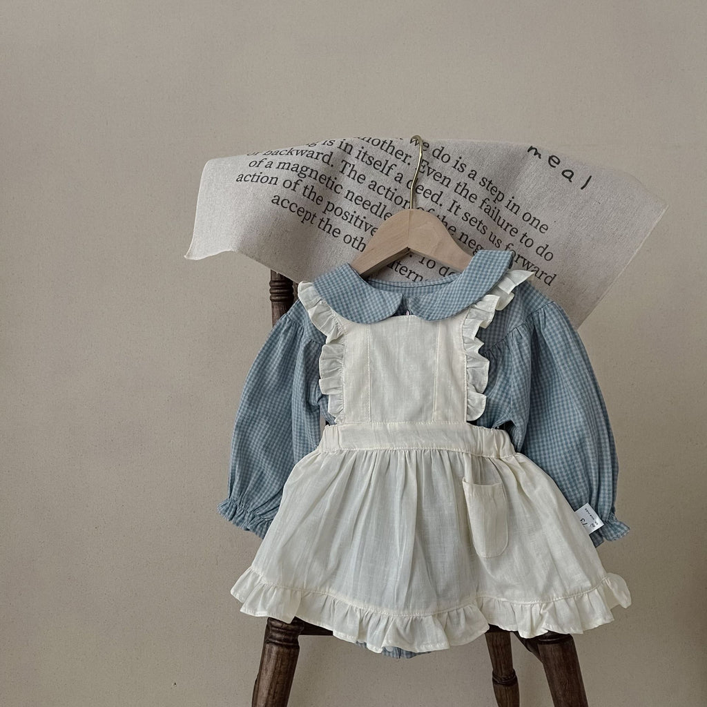 Vintage Baby Girl Dress Set – Plaid Shirt & Pinafore Outfit