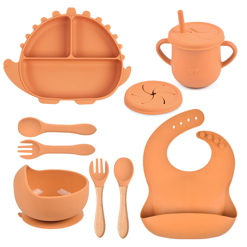 Dinosaur Silicone Baby Feeding Set – Suction Plate, Bowl, Bib & Training Utensils