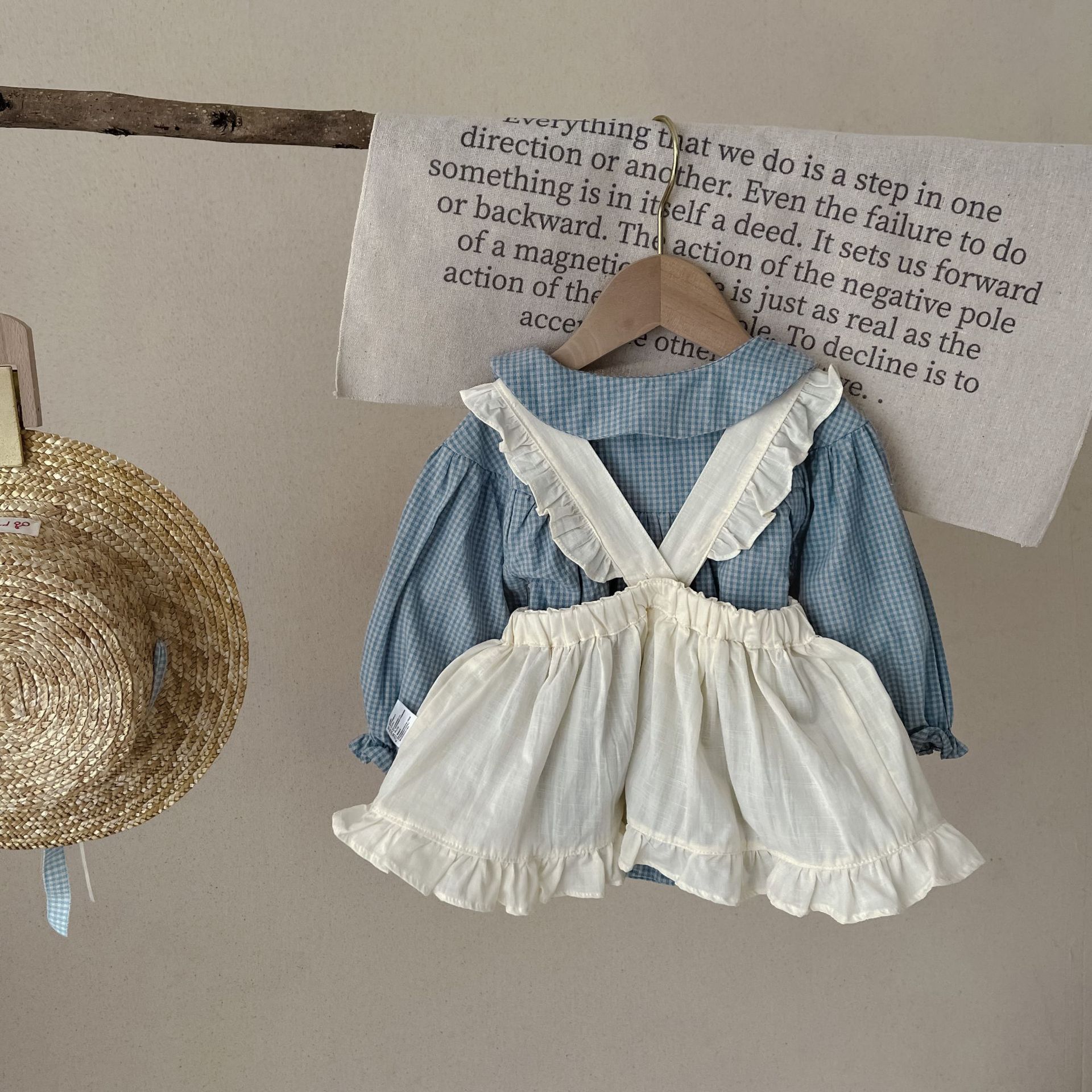 Vintage Baby Girl Dress Set – Plaid Shirt & Pinafore Outfit