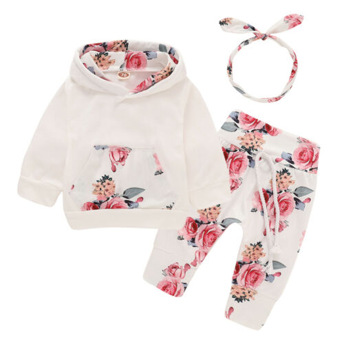 Floral Baby Girl Hoodie Outfit Set – Cute 3 Piece Set
