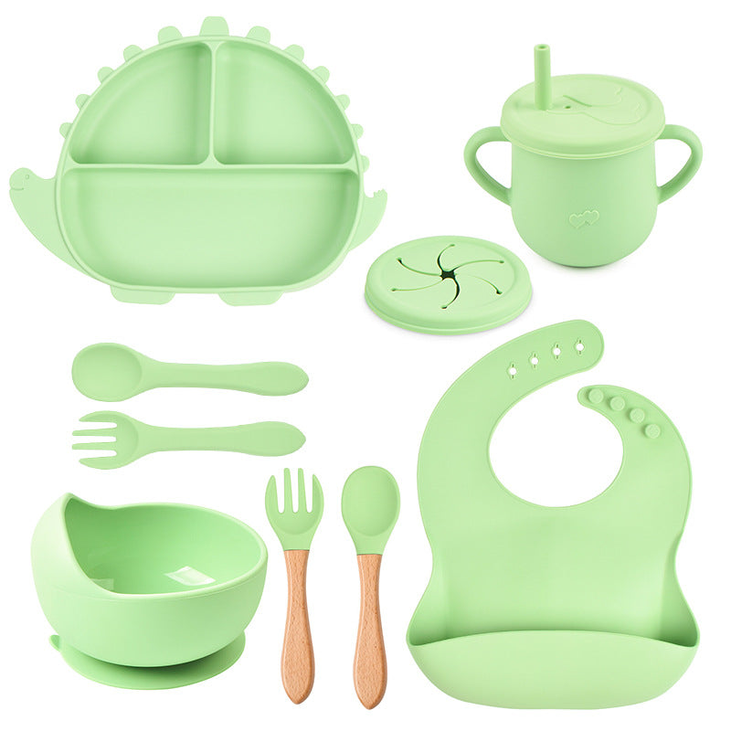 Dinosaur Silicone Baby Feeding Set – Suction Plate, Bowl, Bib & Training Utensils