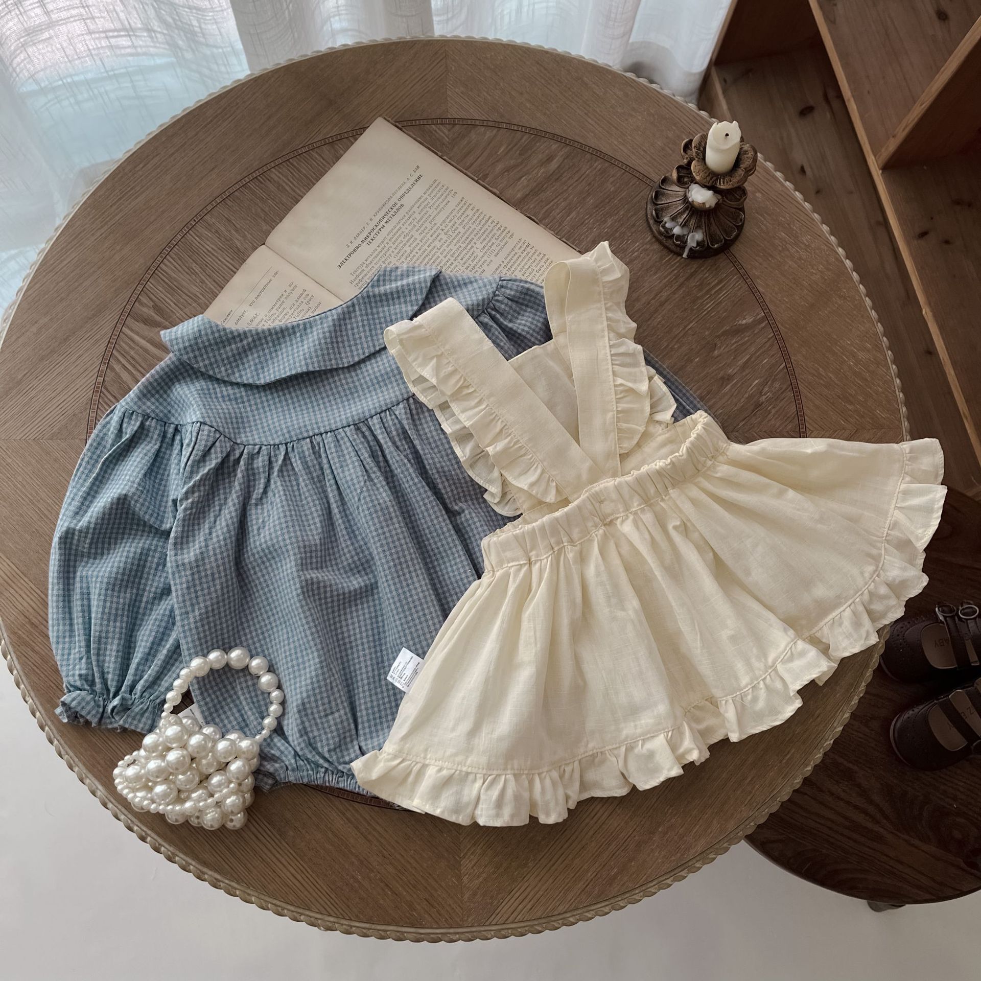Vintage Baby Girl Dress Set – Plaid Shirt & Pinafore Outfit