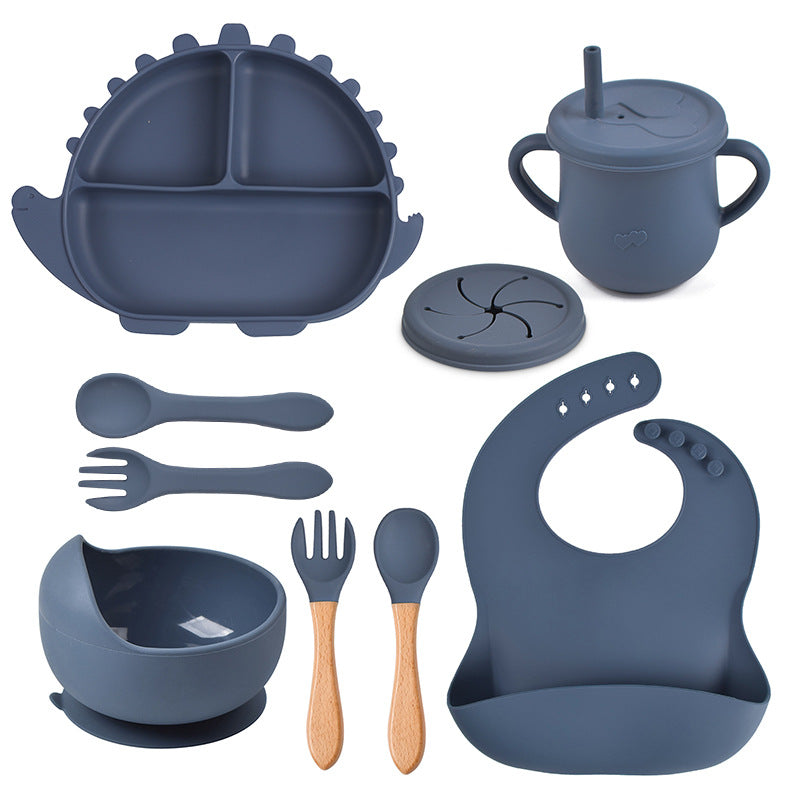 Dinosaur Silicone Baby Feeding Set – Suction Plate, Bowl, Bib & Training Utensils