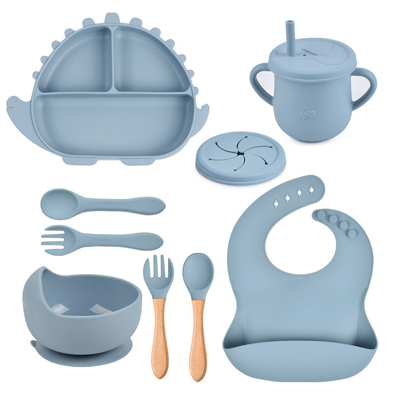 Dinosaur Silicone Baby Feeding Set – Suction Plate, Bowl, Bib & Training Utensils