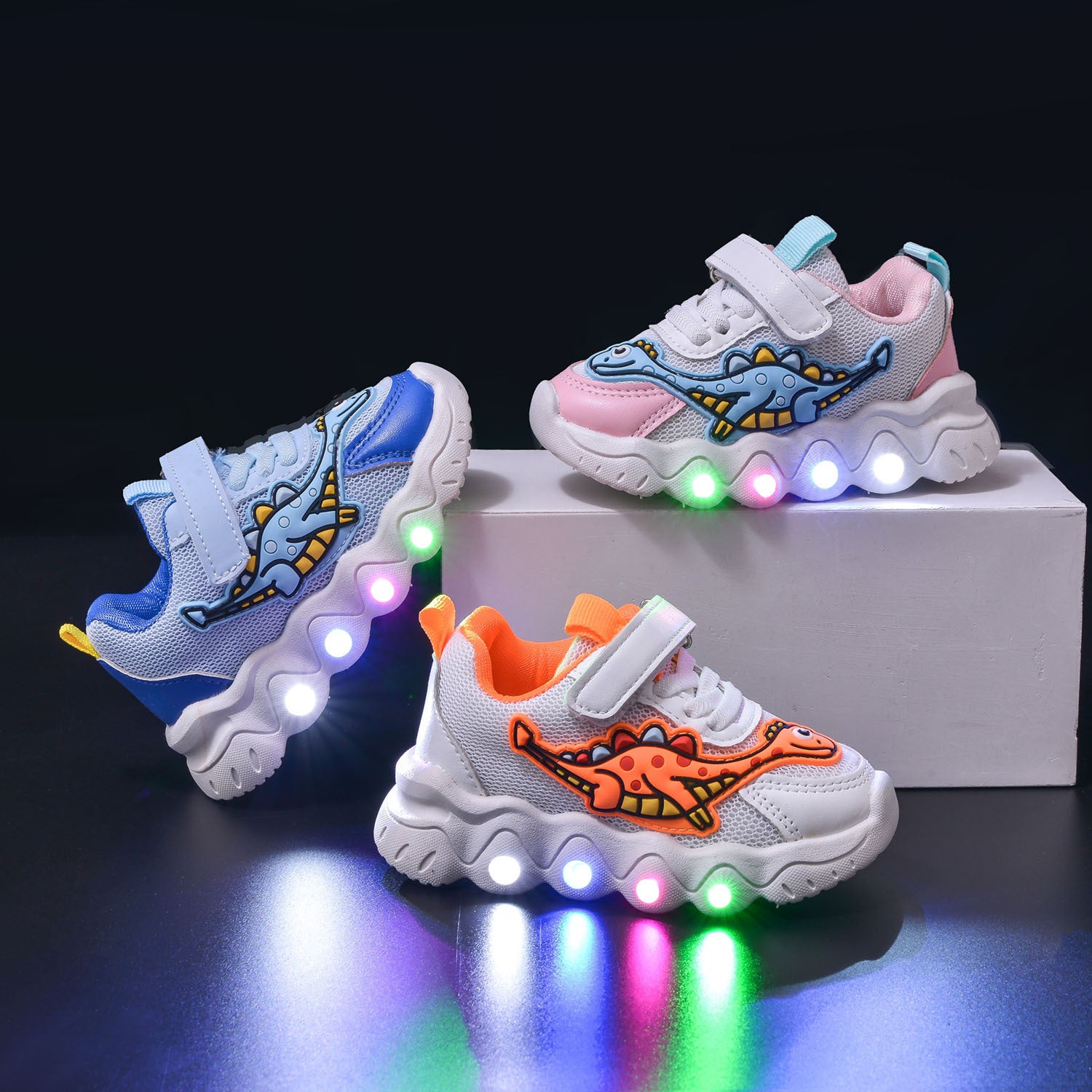 Dinosaur LED Light Sneakers – Kids Breathable Mesh Shoes