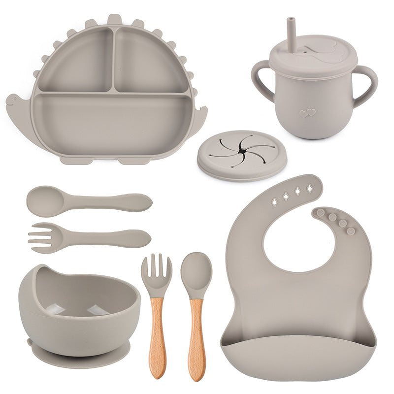 Dinosaur Silicone Baby Feeding Set – Suction Plate, Bowl, Bib & Training Utensils