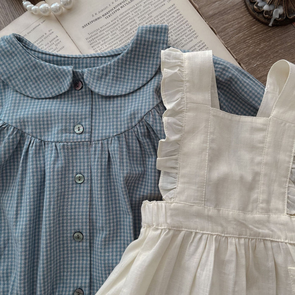 Vintage Baby Girl Dress Set – Plaid Shirt & Pinafore Outfit