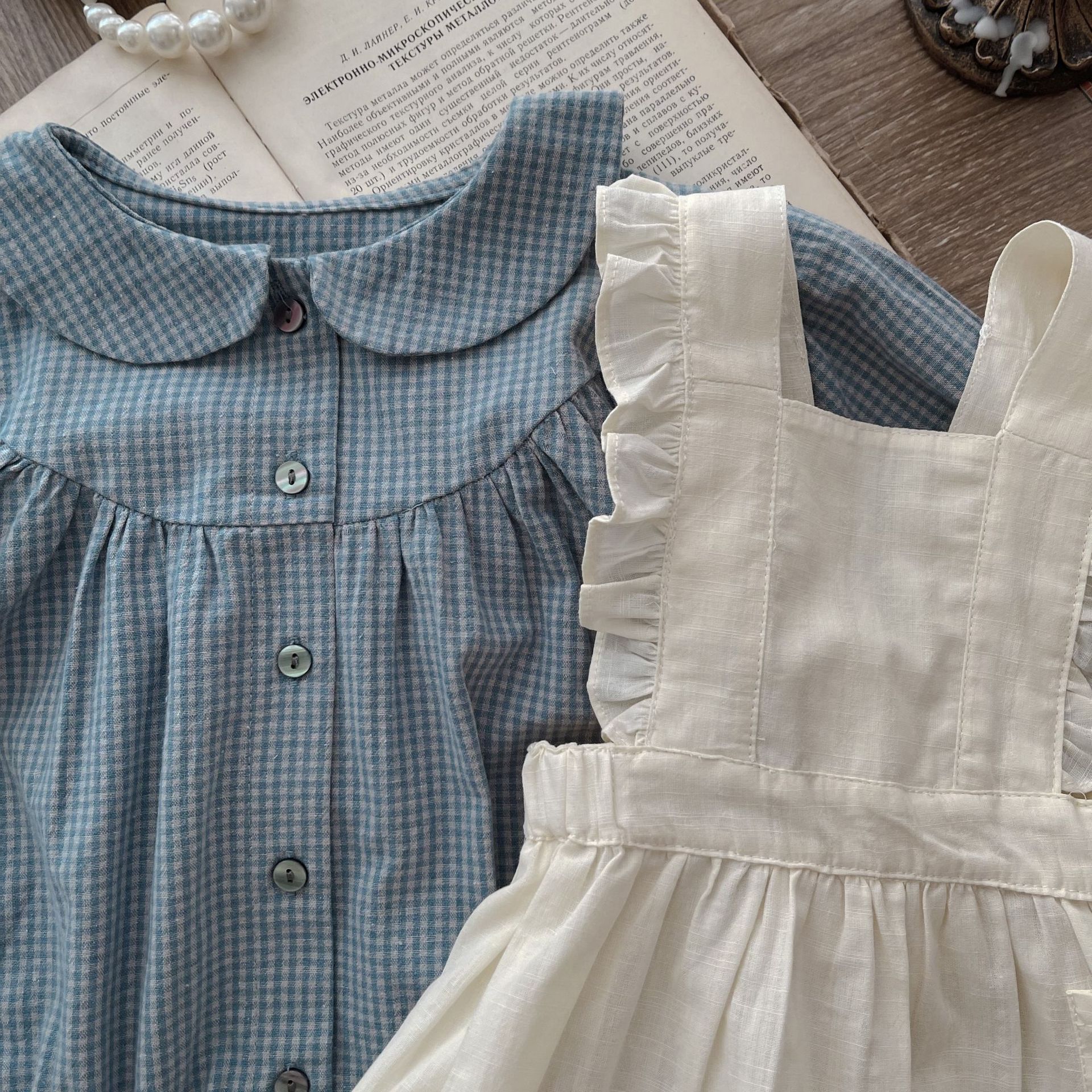 Vintage Baby Girl Dress Set – Plaid Shirt & Pinafore Outfit