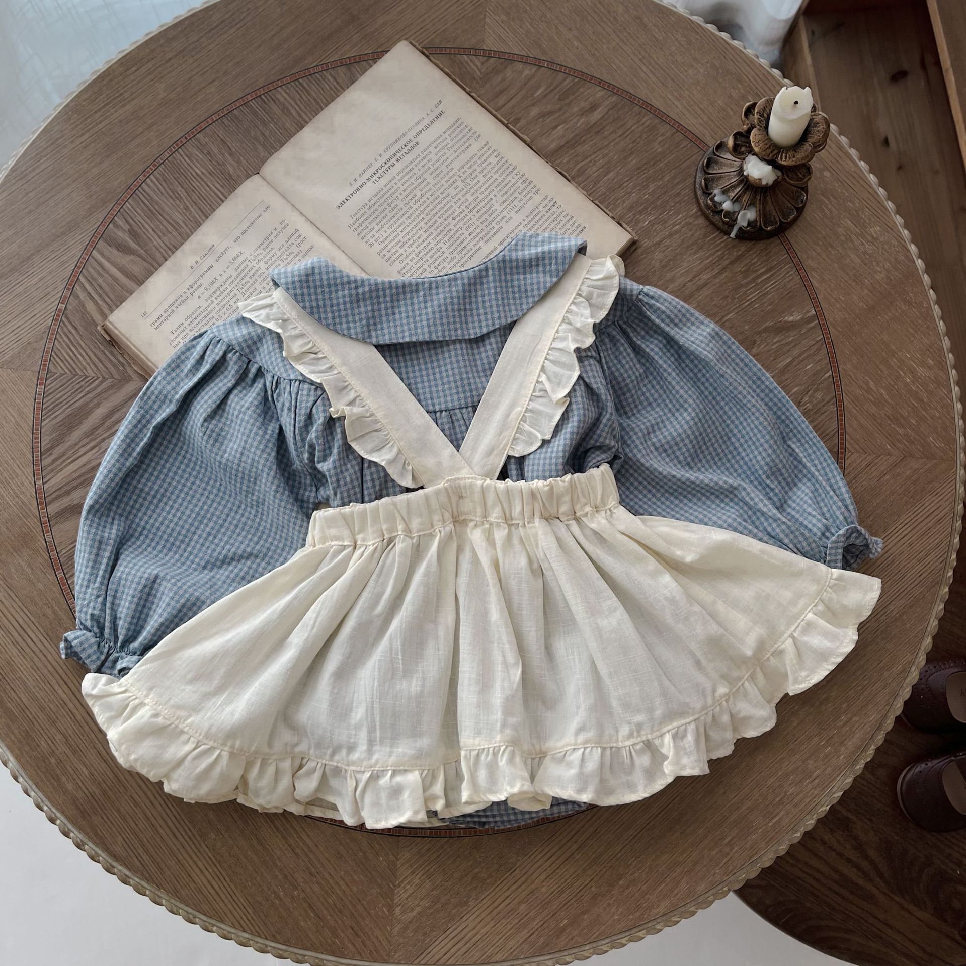 Vintage Baby Girl Dress Set – Plaid Shirt & Pinafore Outfit