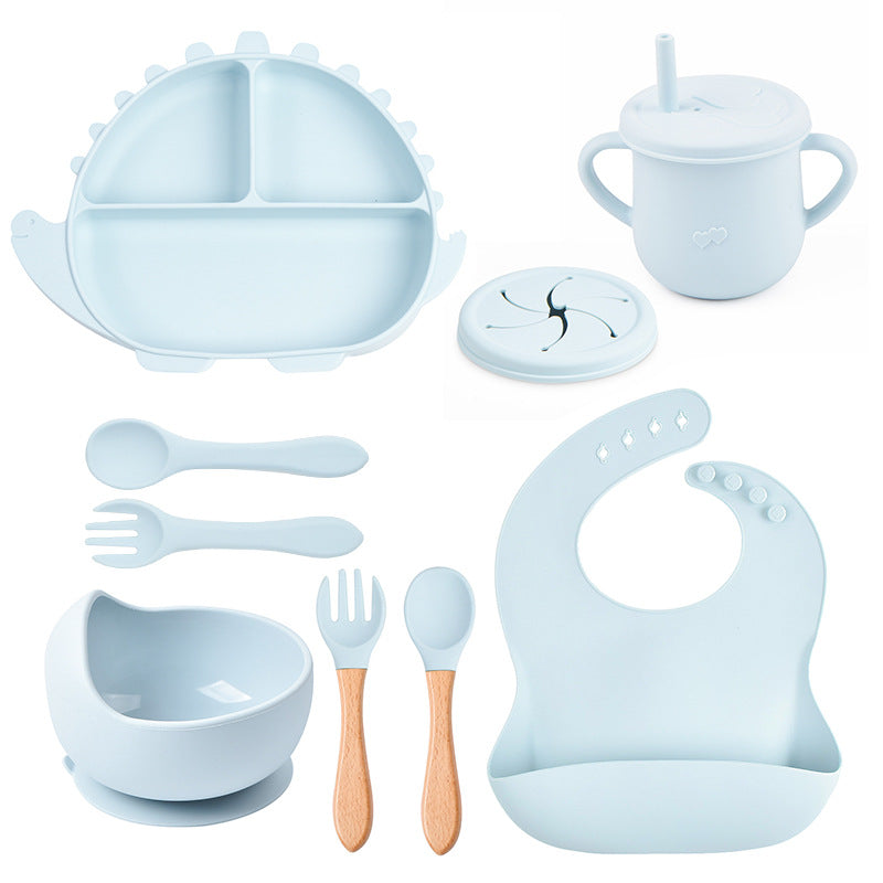 Dinosaur Silicone Baby Feeding Set – Suction Plate, Bowl, Bib & Training Utensils