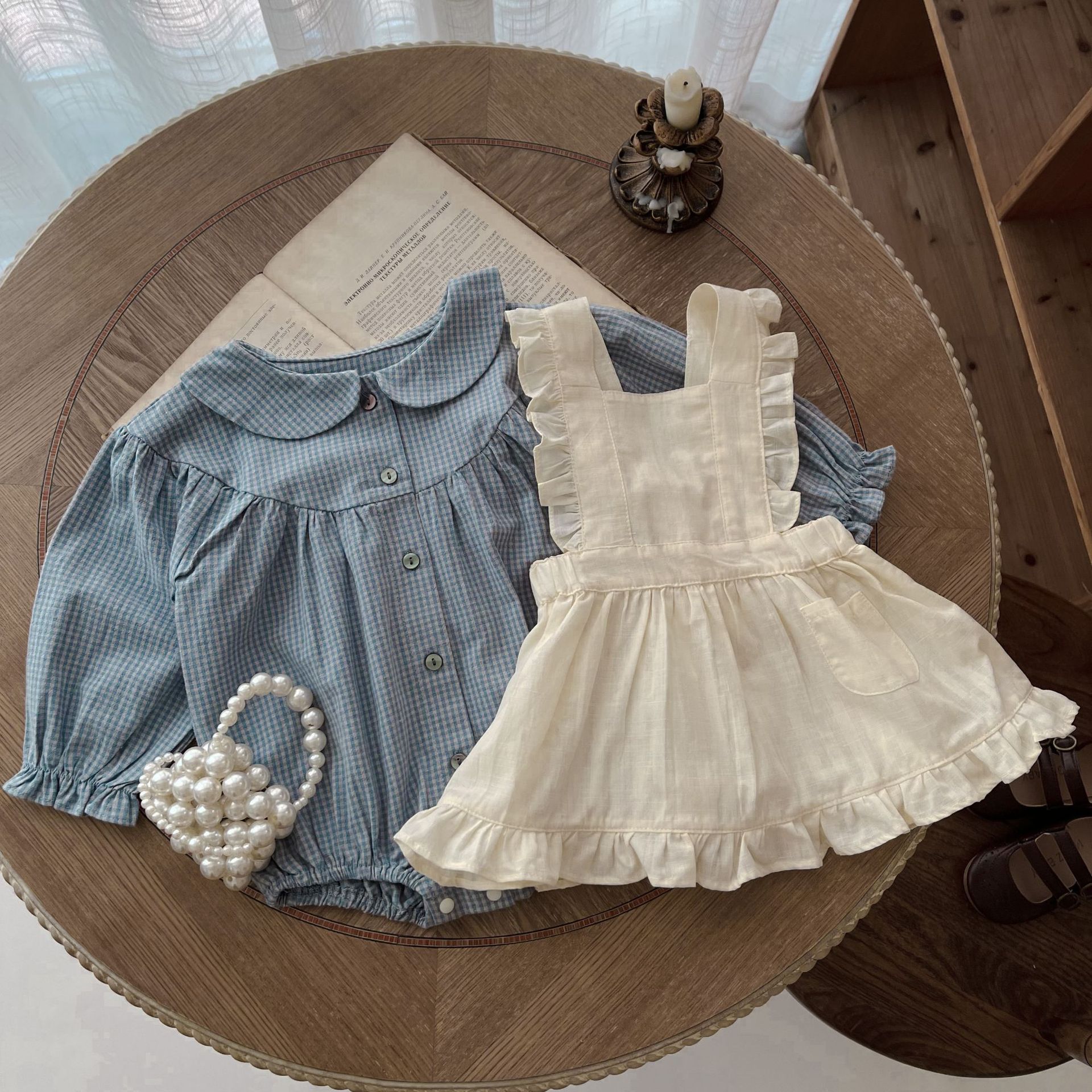 Vintage Baby Girl Dress Set – Plaid Shirt & Pinafore Outfit