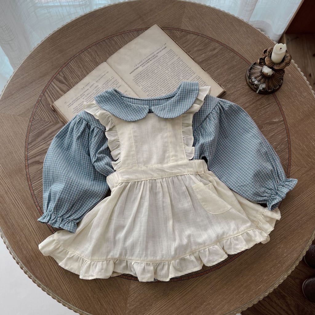 Vintage Baby Girl Dress Set – Plaid Shirt & Pinafore Outfit