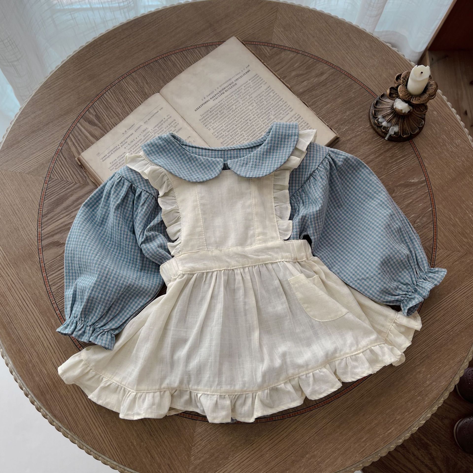 Vintage Baby Girl Dress Set – Plaid Shirt & Pinafore Outfit