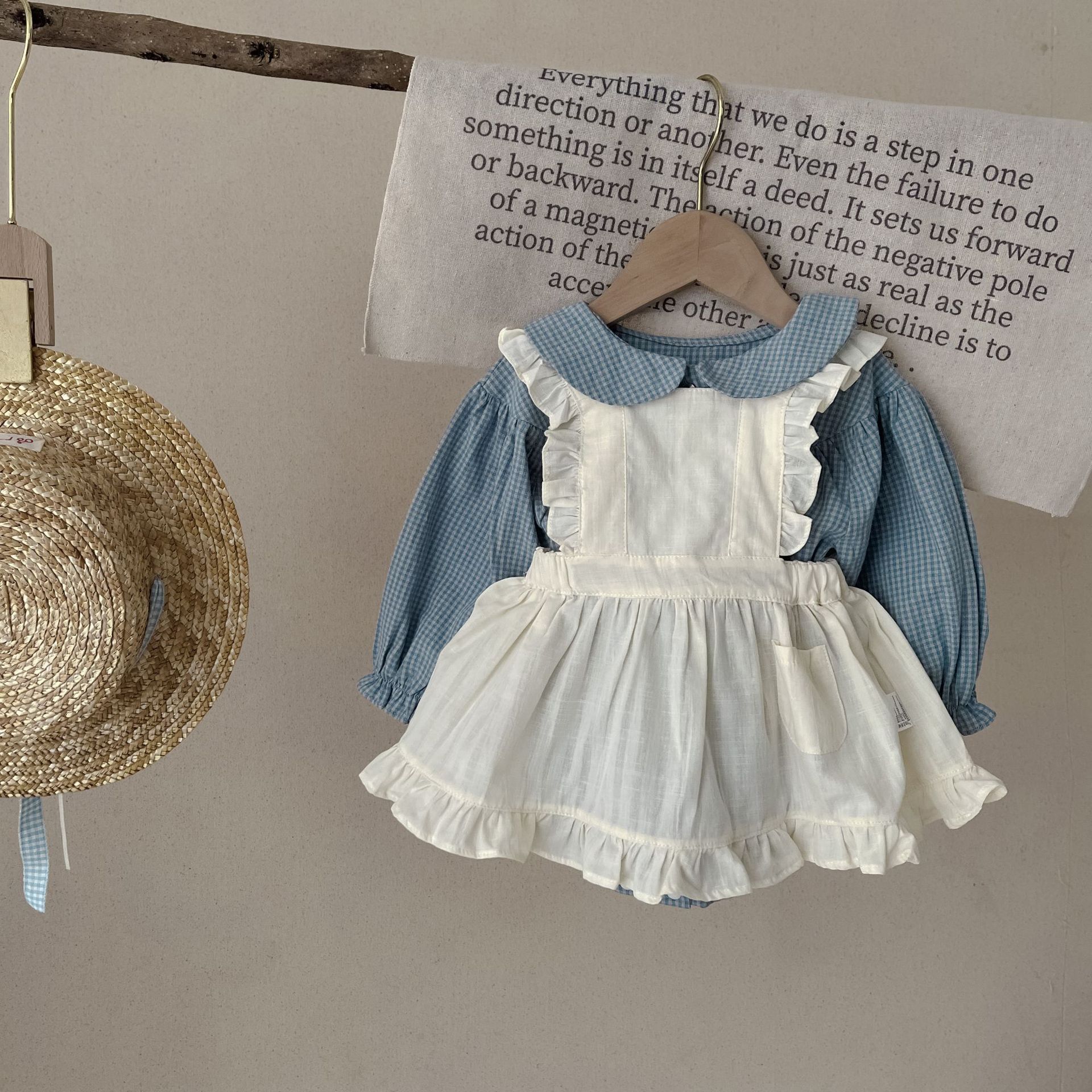 Vintage Baby Girl Dress Set – Plaid Shirt & Pinafore Outfit