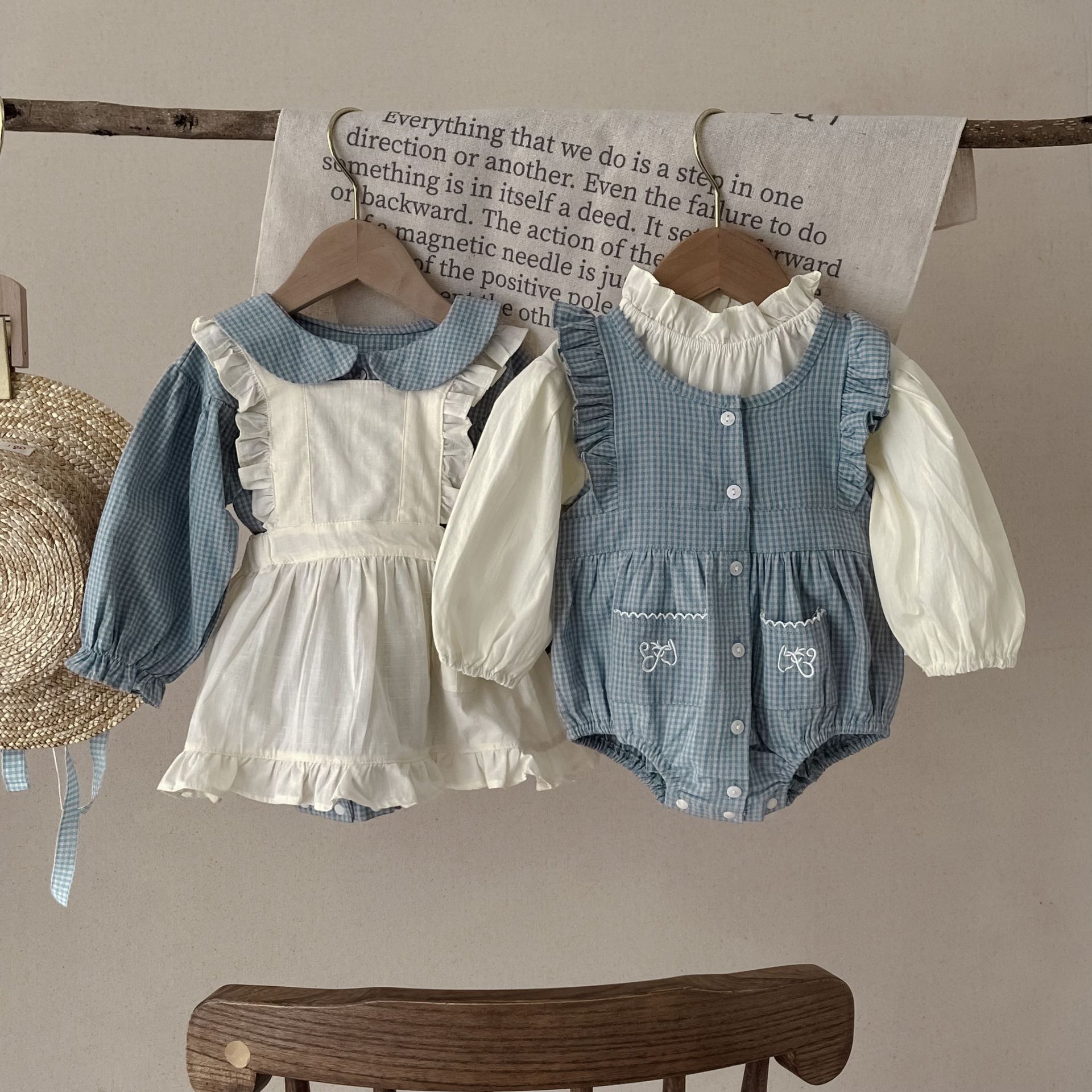 Vintage Baby Girl Dress Set – Plaid Shirt & Pinafore Outfit